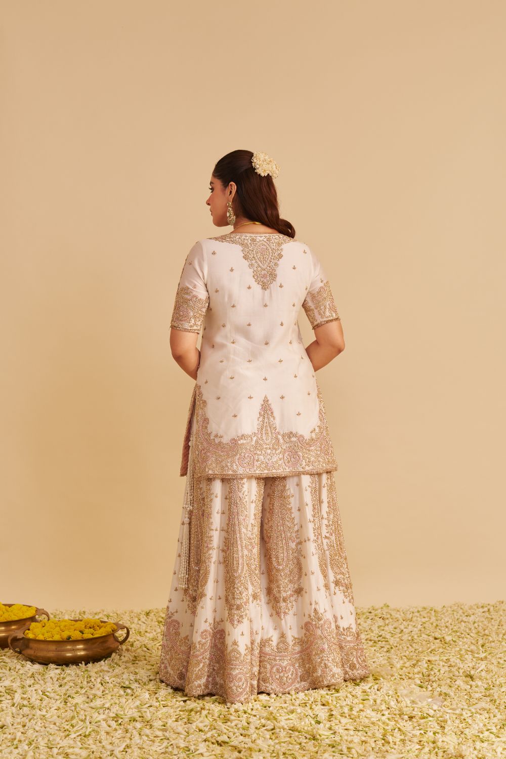 Alina - Dabka Zardozi Embroidered Silk Daisy Ivory Sharara Set