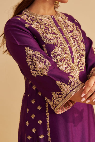 Anaiza - Dabka Zardozi Embroidered Purple Long Kurta & Palazzo with Dupatta
