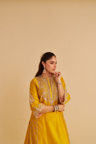 Anaiza - Dabka Zardozi Embroidered Mustard Long Kurta & Palazzo with Dupatta