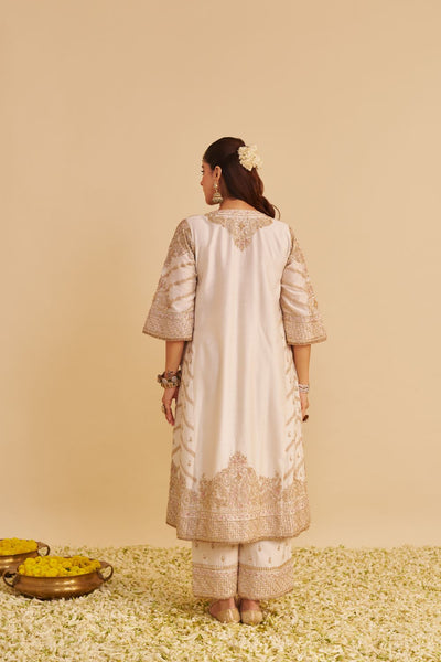 Aqsha  - Dabka Zardozi Embroidered Rich Banarasi Daisy Ivory Long Chauga & Palazzo with Dupatta