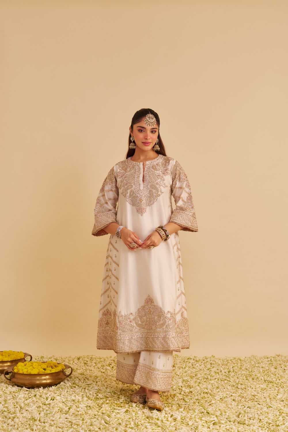 Aqsha  - Dabka Zardozi Embroidered Rich Banarasi Daisy Ivory Long Chauga & Palazzo