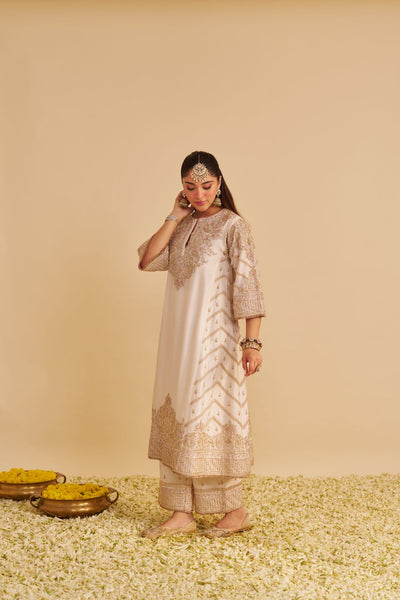 Aqsha  - Dabka Zardozi Embroidered Rich Banarasi Daisy Ivory Long Chauga & Palazzo
