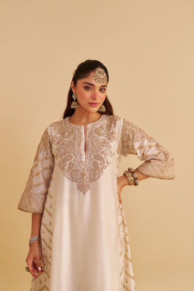 Aqsha  - Dabka Zardozi Embroidered Rich Banarasi Daisy Ivory Long Chauga & Palazzo with Dupatta