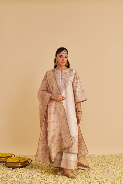 Aqsha  - Dabka Zardozi Embroidered Rich Banarasi Daisy Ivory Long Chauga & Palazzo