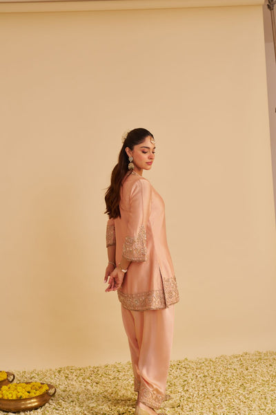 Areeba - Dabka Zardozi Embroidered Pure Banarasi Off Rose Short Kurta & Salwar with Dupatta