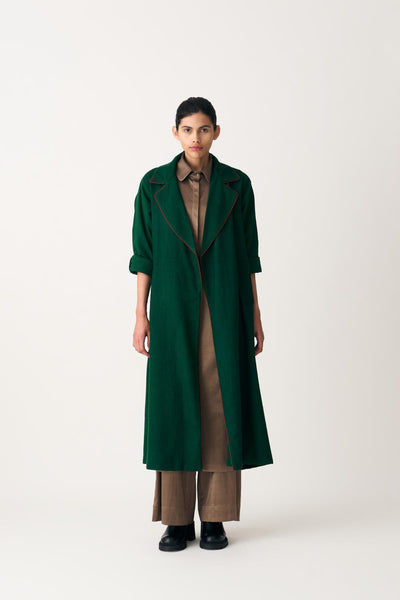 NOTCH COLLAR WOOLEN TRENCH OVERLAY - EMERALD GREEN
