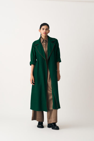 NOTCH COLLAR WOOLEN TRENCH OVERLAY - EMERALD GREEN