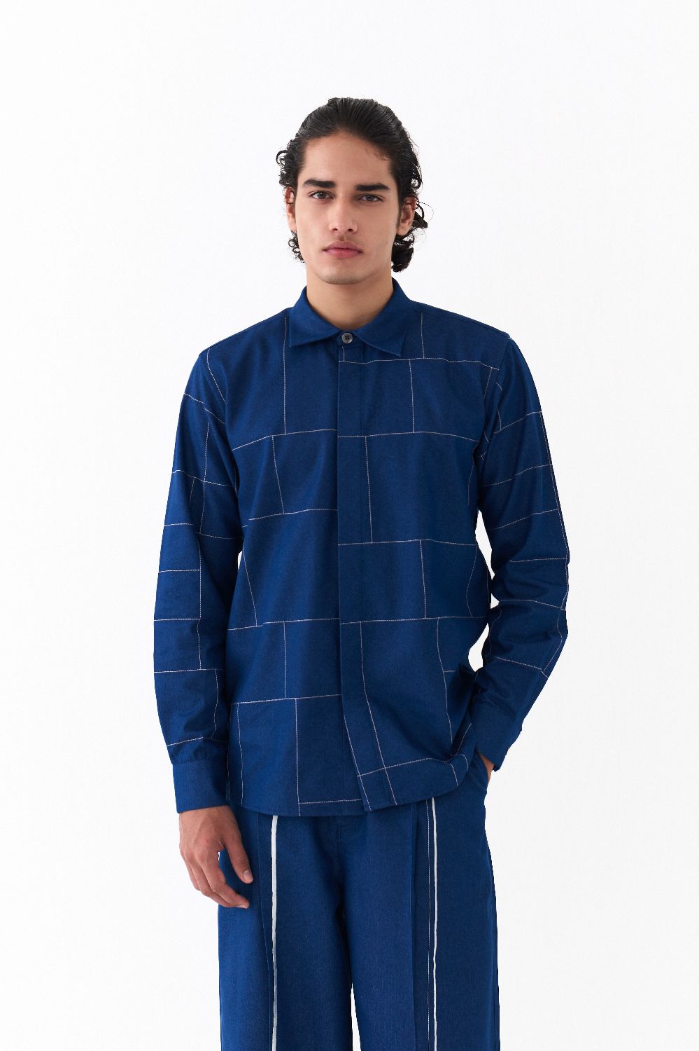GRID EMB. SHIRT CO-ORD-DENIM BLUE