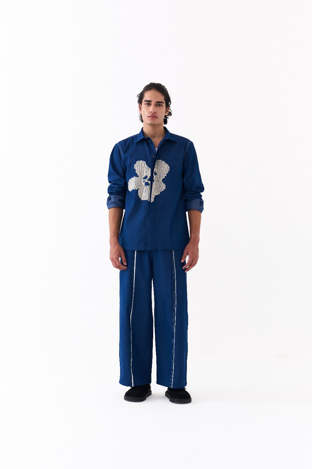 FLORAL EMB. SHIRT CO-ORD-DENIM BLUE