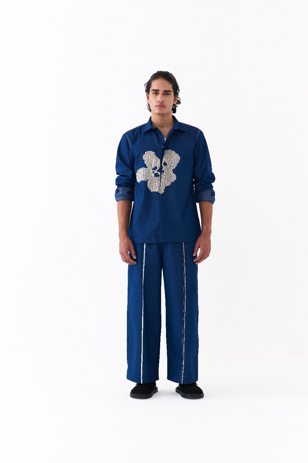 FLORAL EMB. SHIRT CO-ORD-DENIM BLUE