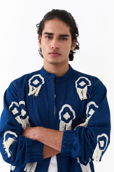 FRINGE BOMBER JACKET-DENIM BLUE