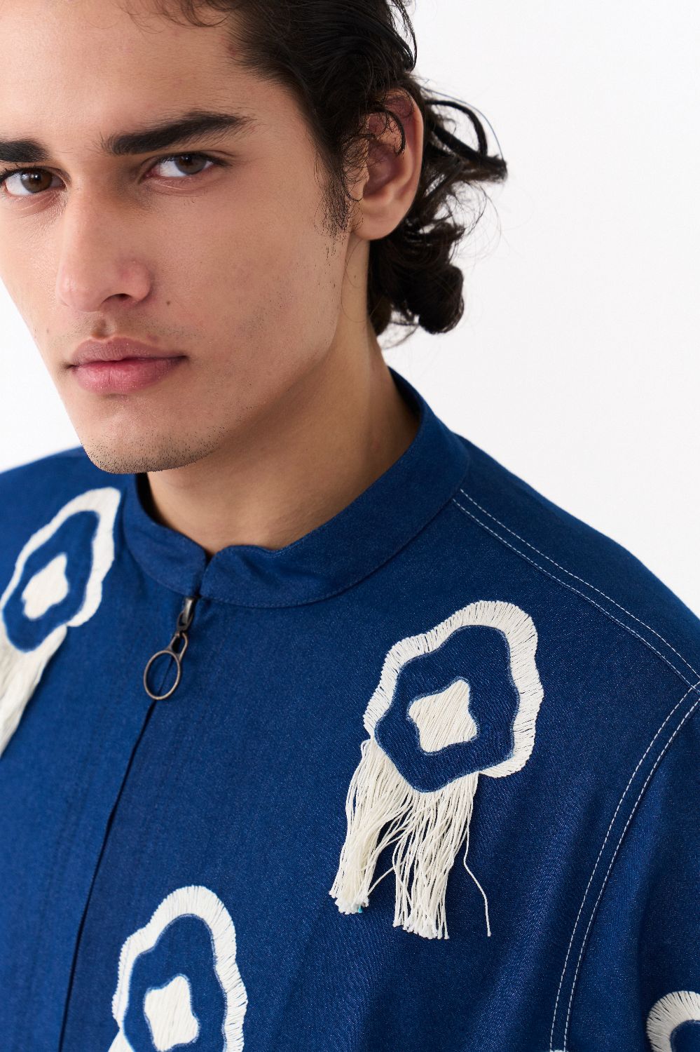 FRINGE BOMBER JACKET CO-ORD-DENIM BLUE