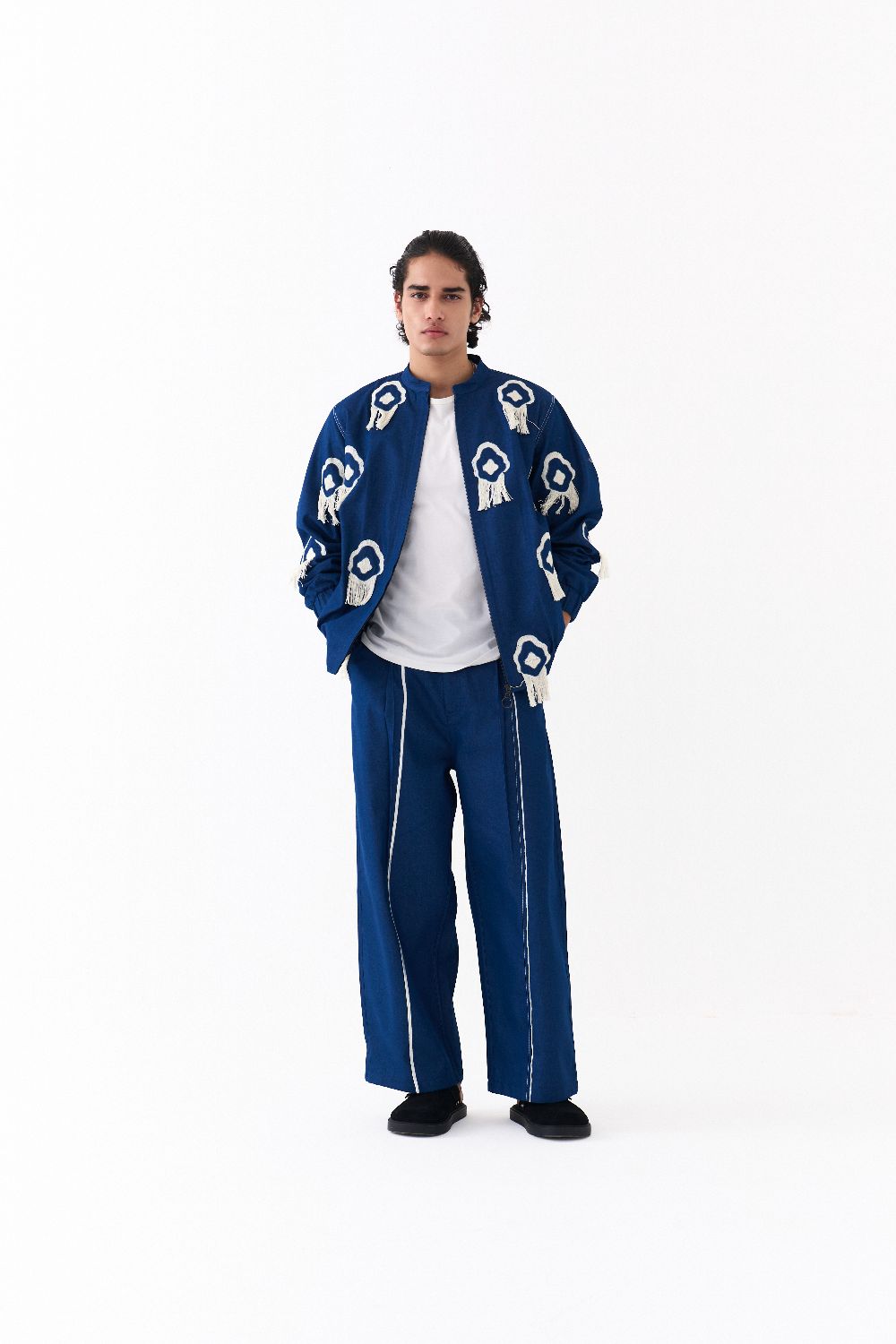 FRINGE BOMBER JACKET CO-ORD-DENIM BLUE