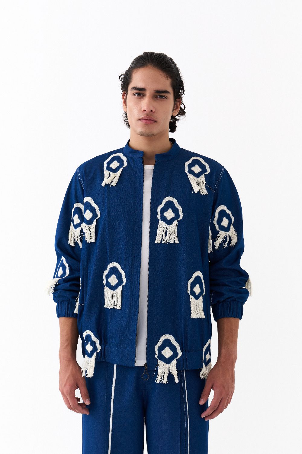 FRINGE BOMBER JACKET CO-ORD-DENIM BLUE