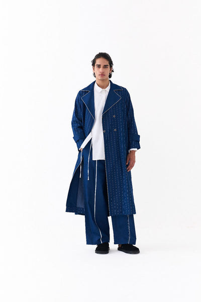 DOUBLE BREASTED TRENCH OVERLAY CO-ORD (SET OF 3)-DENIM BLUE