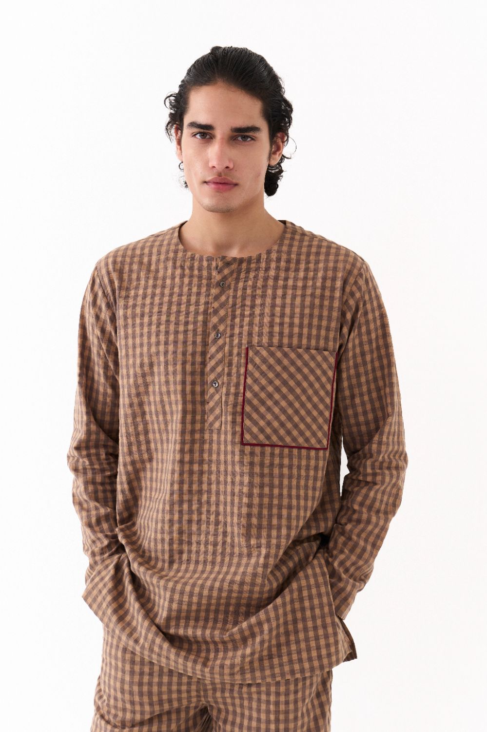 PLACKET KURTA-CARAMEL CHECK