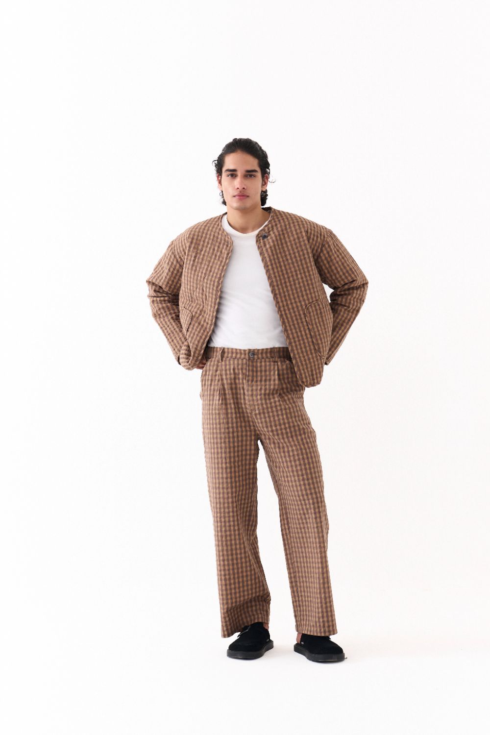 QUILTED BOMBER JACKET-CARAMEL CHECK