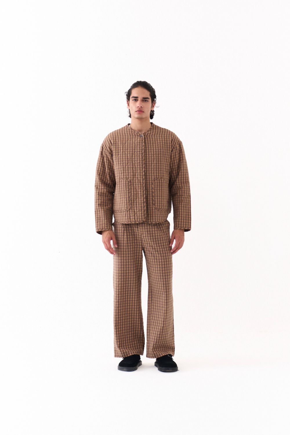 QUILTED BOMBER JACKET-CARAMEL CHECK