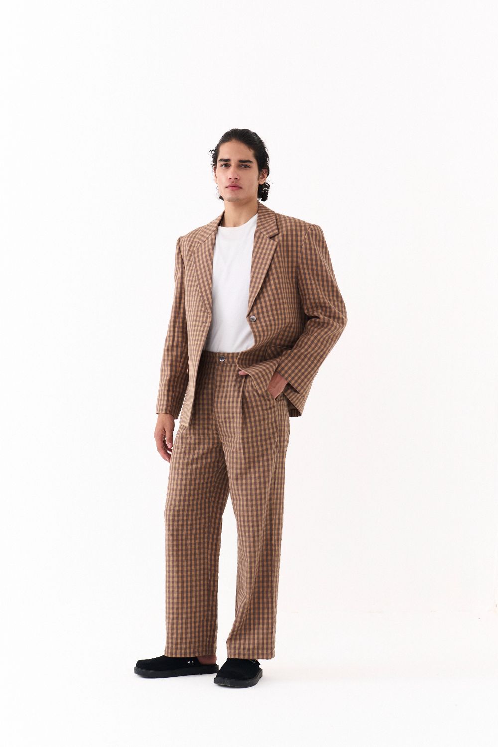 SINGLE BREASTED BLAZER -CARAMEL CHECK