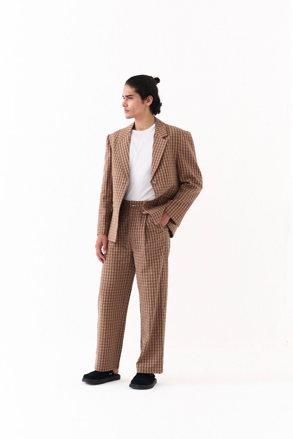 SINGLE BREASTED BLAZER -CARAMEL CHECK