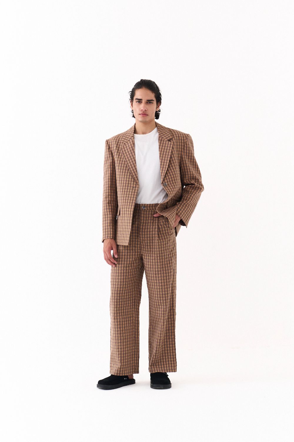 SINGLE BREASTED BLAZER -CARAMEL CHECK
