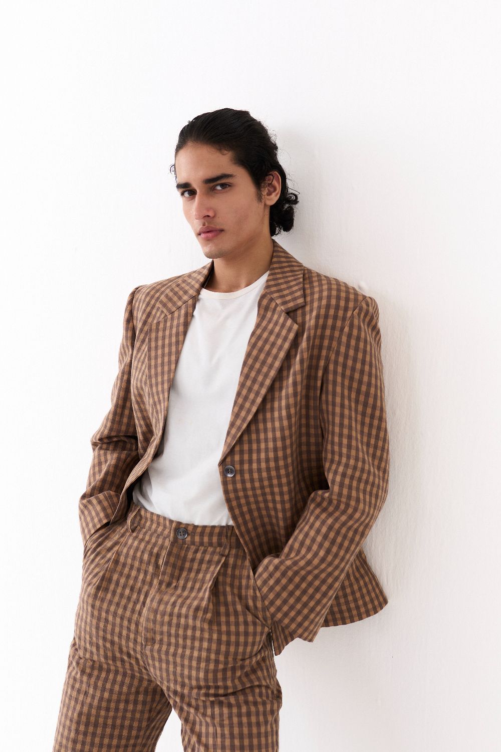 SINGLE BREASTED BLAZER -CARAMEL CHECK