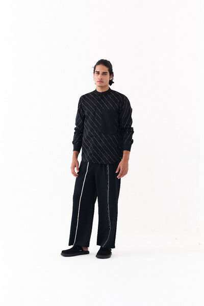 ASYMMETRIC LINEAR EMB. SHIRT CO-ORD-BLACK