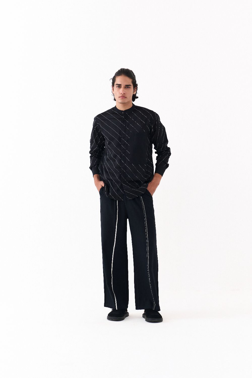 ASYMMETRIC LINEAR EMB. SHIRT-BLACK