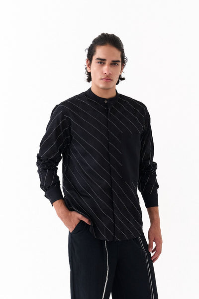 ASYMMETRIC LINEAR EMB. SHIRT CO-ORD-BLACK