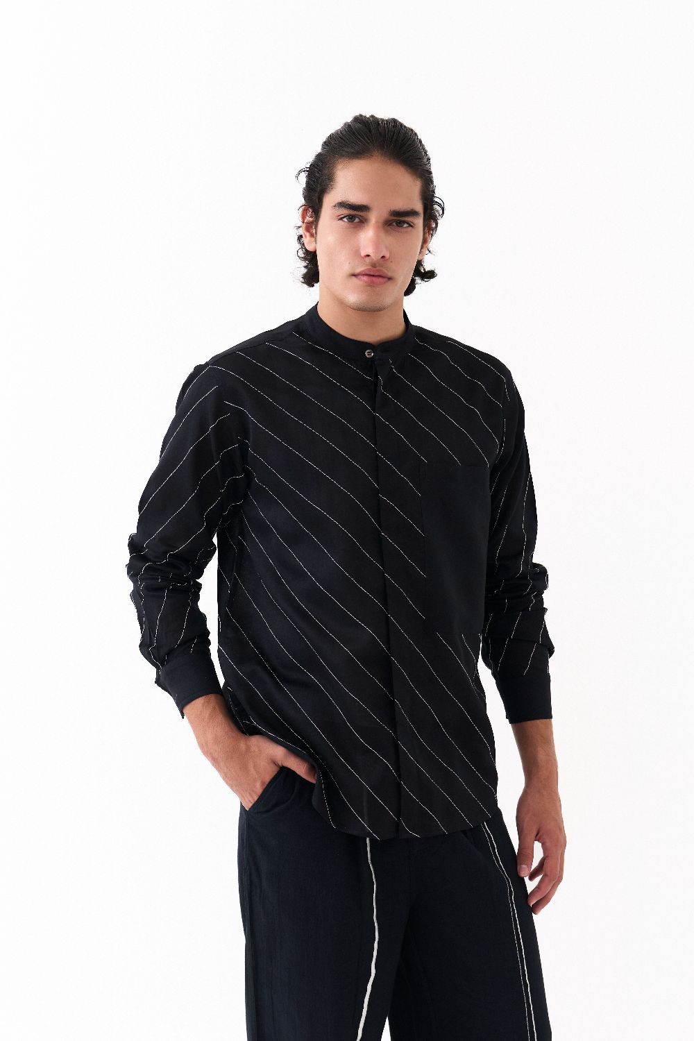 ASYMMETRIC LINEAR EMB. SHIRT-BLACK