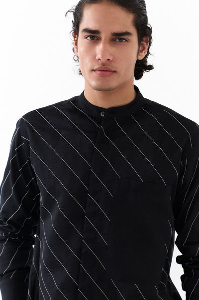 ASYMMETRIC LINEAR EMB. SHIRT CO-ORD-BLACK