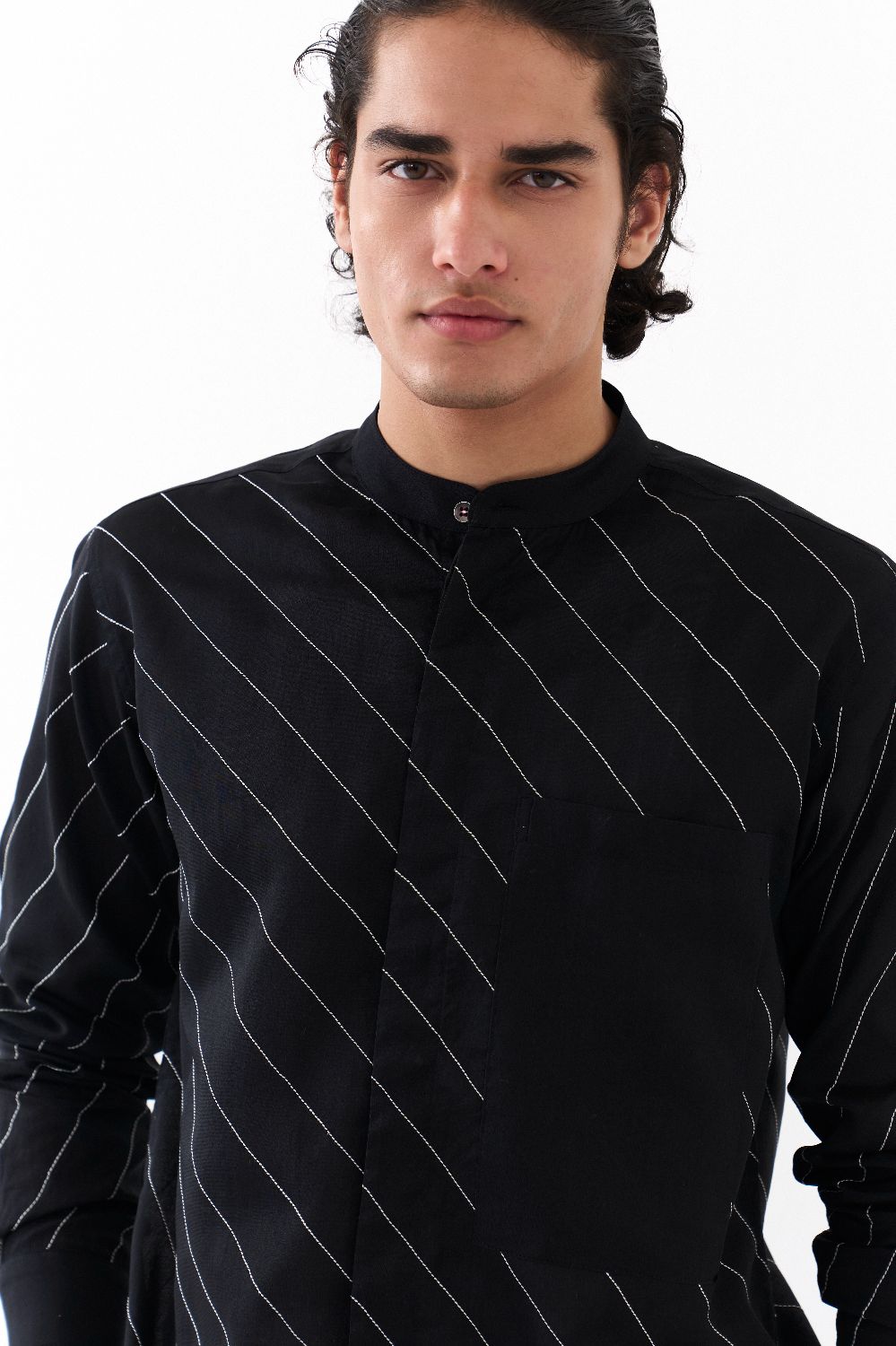 ASYMMETRIC LINEAR EMB. SHIRT-BLACK