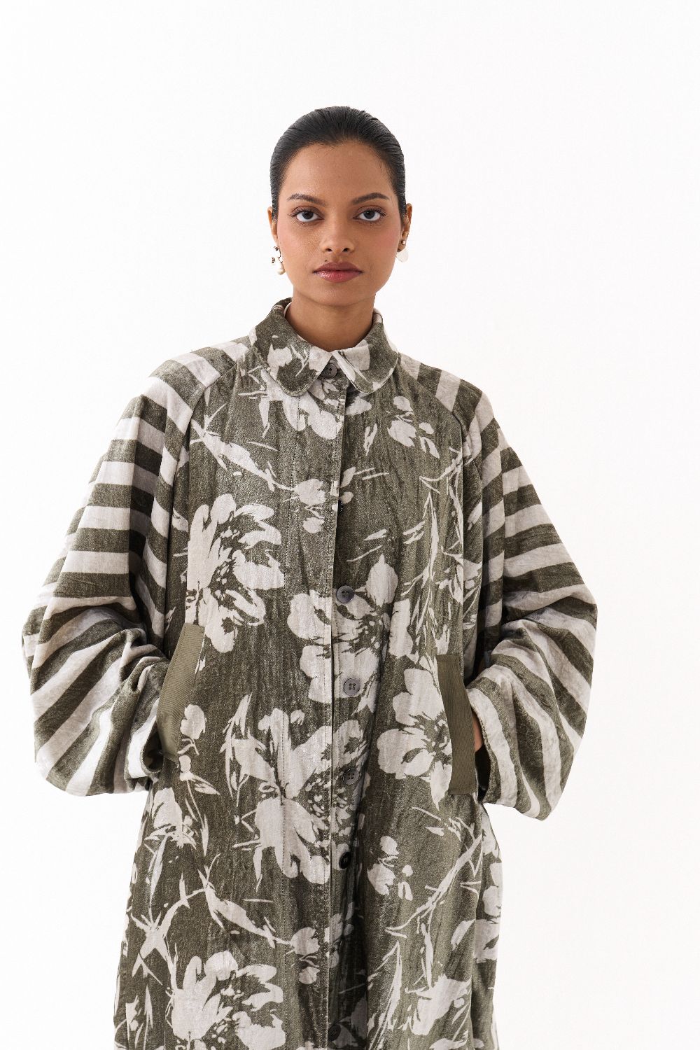 FLORAL BAT SLEEVE JACKET-OLIVE FLORAL/ STRIPE