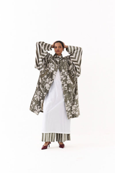 FLORAL BAT SLEEVE JACKET-OLIVE FLORAL/ STRIPE