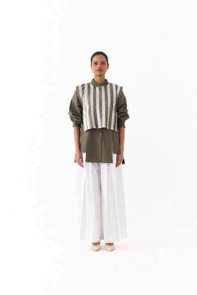 CROP OVERLAY CO ORD (SET OF 3)-OLIVE STRIPE