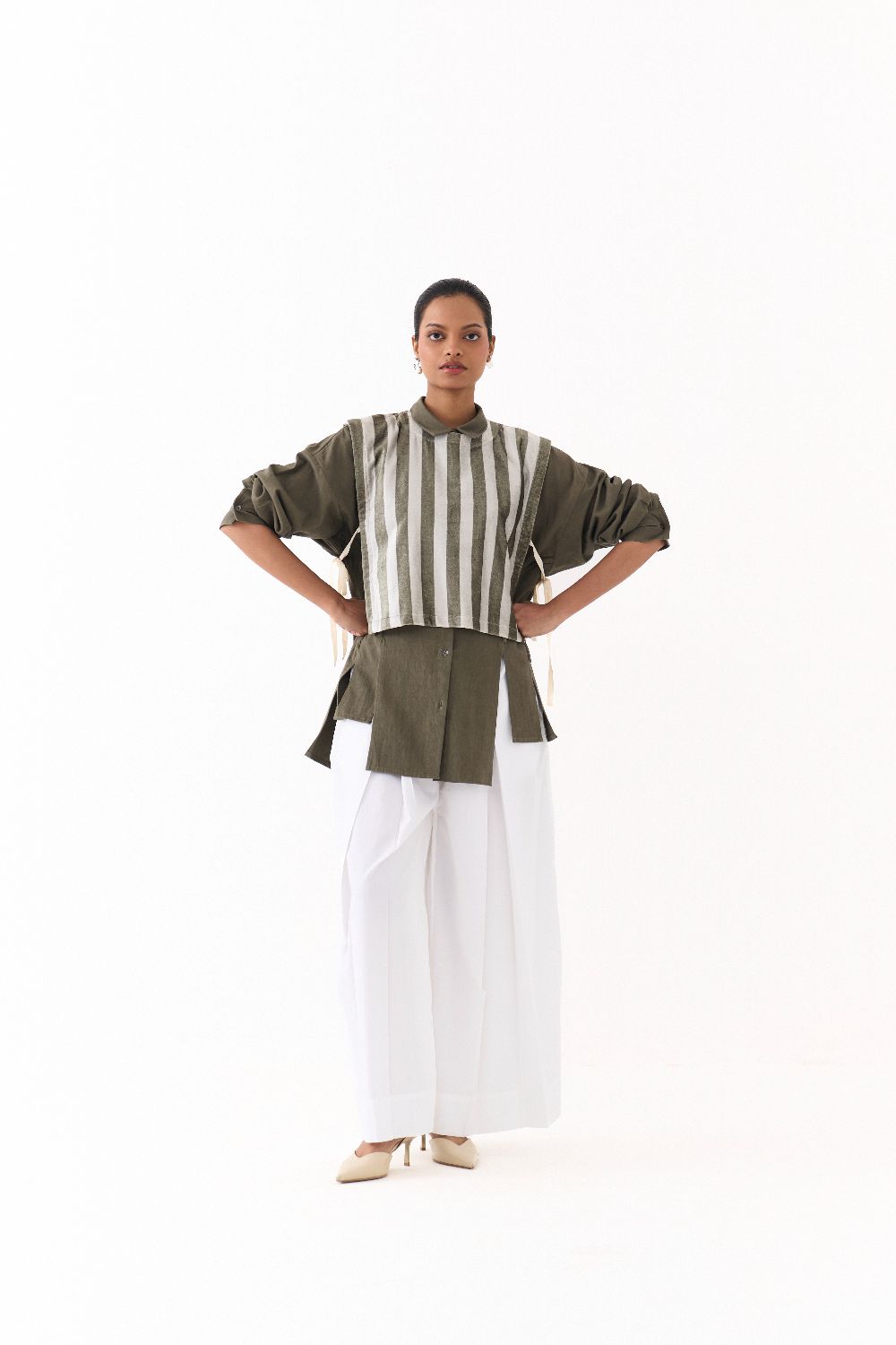 CROP OVERLAY CO ORD (SET OF 3)-OLIVE STRIPE