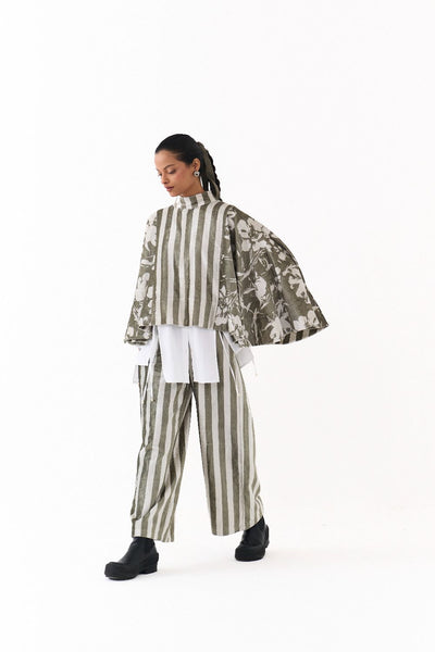 WIDE HEM PONCHO CO ORD (SET OF 3)-OLIVE STRIPE