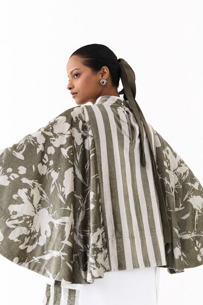 WIDE HEM PONCHO-OLIVE STRIPE/FLORAL