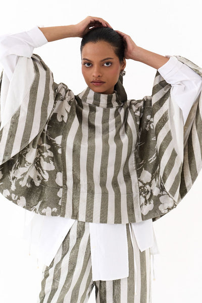 WIDE HEM PONCHO CO ORD (SET OF 3)-OLIVE STRIPE