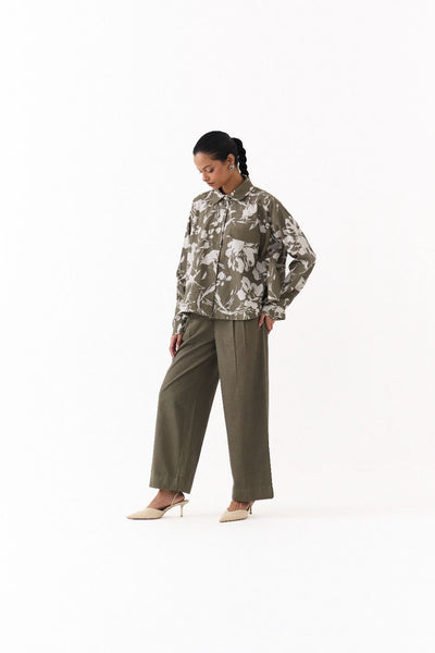 FLORAL WIDE HEM SHIRT CO ORD
(SET OF 2)-OLIVE FLORAL