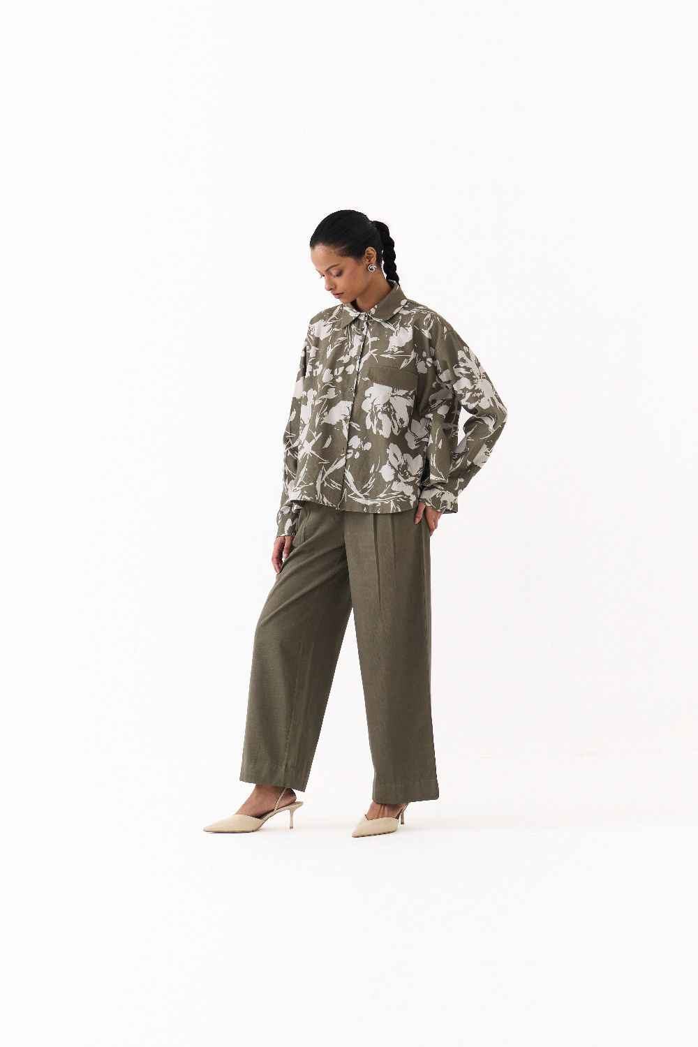 FLORAL WIDE HEM SHIRT-OLIVE FLORAL