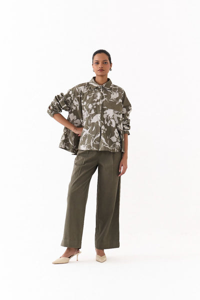 FLORAL WIDE HEM SHIRT CO ORD
(SET OF 2)-OLIVE FLORAL