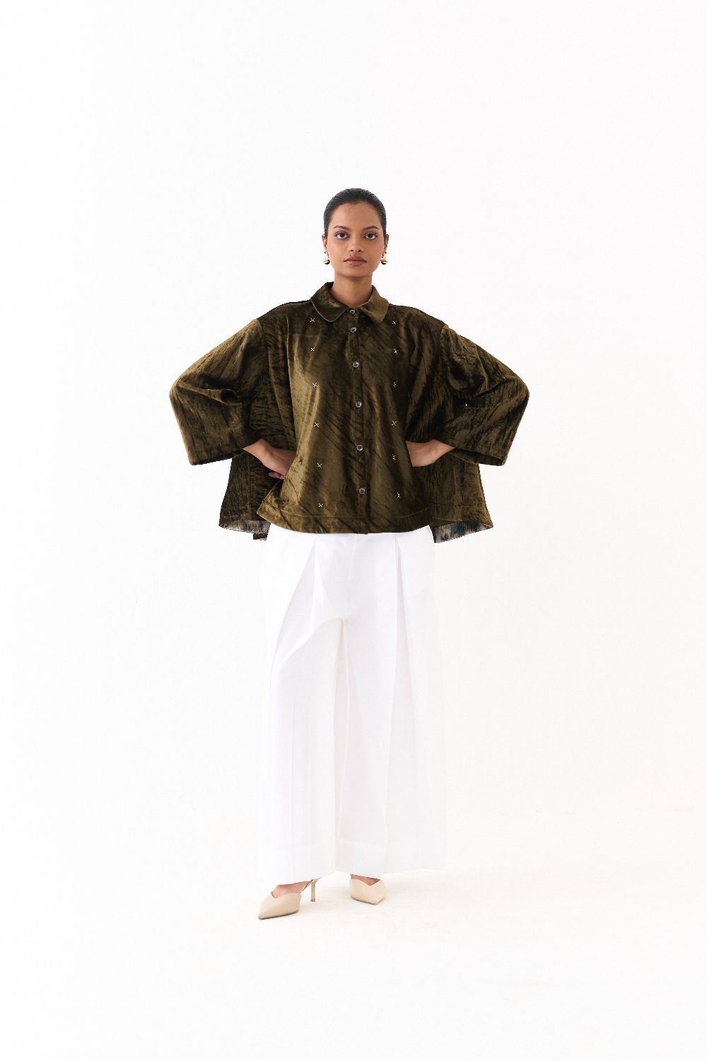 WIDE HEM SHIRT CO-ORD (SET OF 2)-OLIVE & WHITE