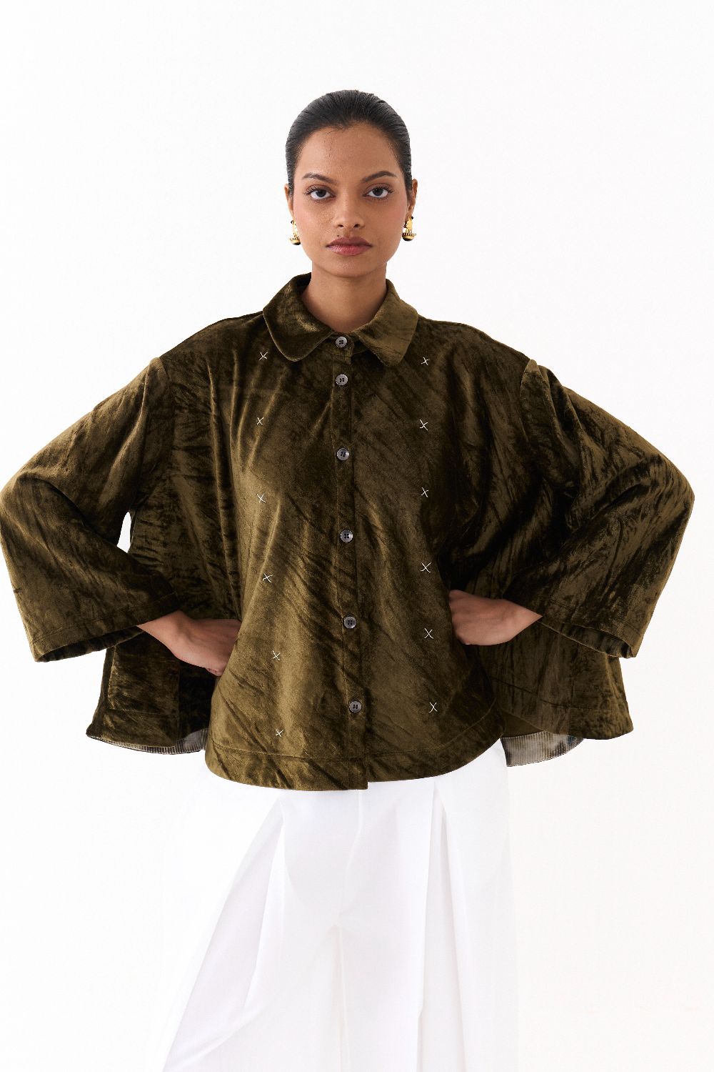 WIDE HEM SHIRT CO-ORD (SET OF 2)-OLIVE & WHITE