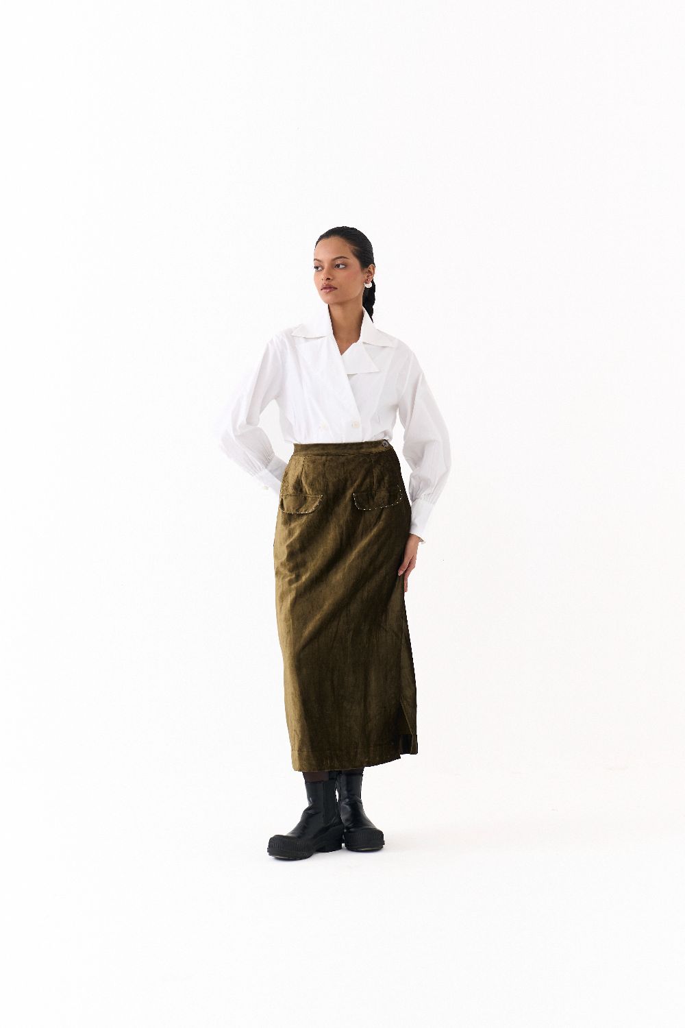FLAP DETAIL SKIRT CO ORD (SET OF 2)-OLIVE & WHITE