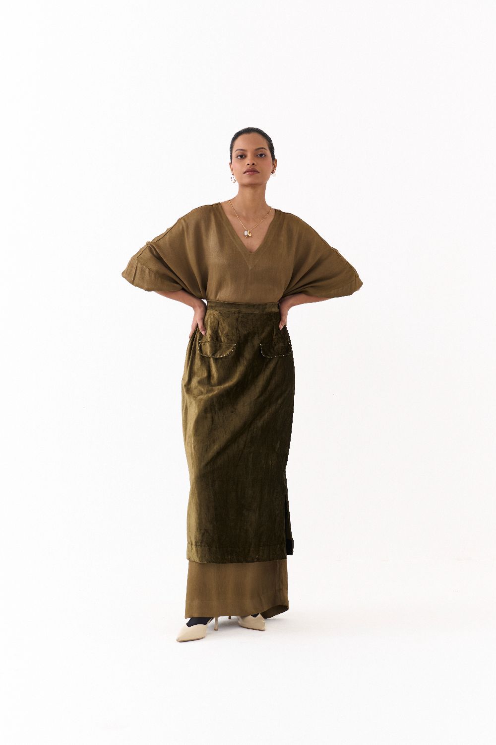 LONG KAFTAN CO-ORD (SET OF 2)-DARK OLIVE