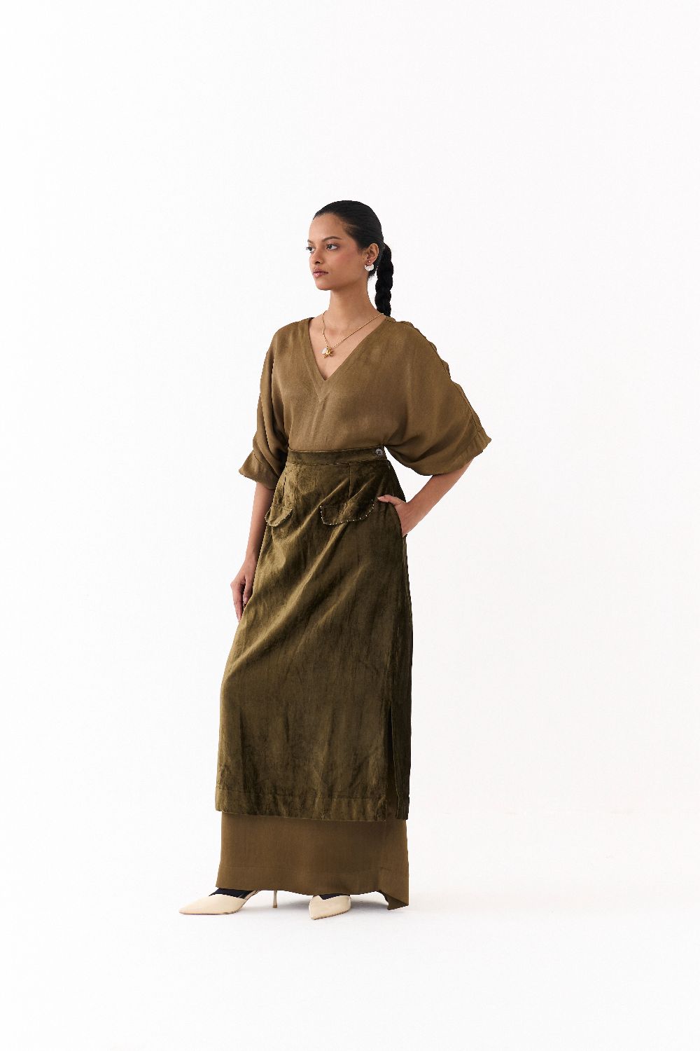 LONG KAFTAN CO-ORD (SET OF 2)-DARK OLIVE