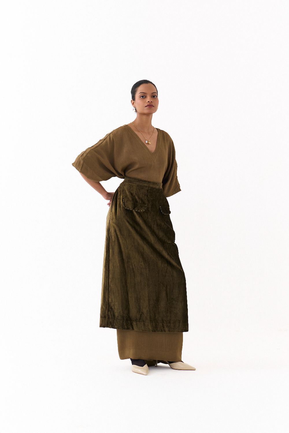 LONG KAFTAN CO-ORD (SET OF 2)-DARK OLIVE