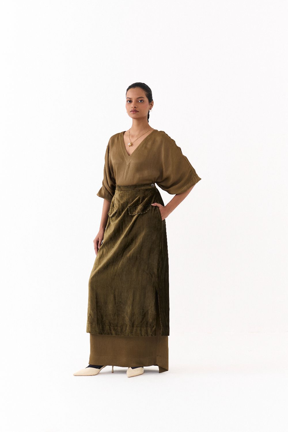LONG KAFTAN CO-ORD (SET OF 2)-DARK OLIVE