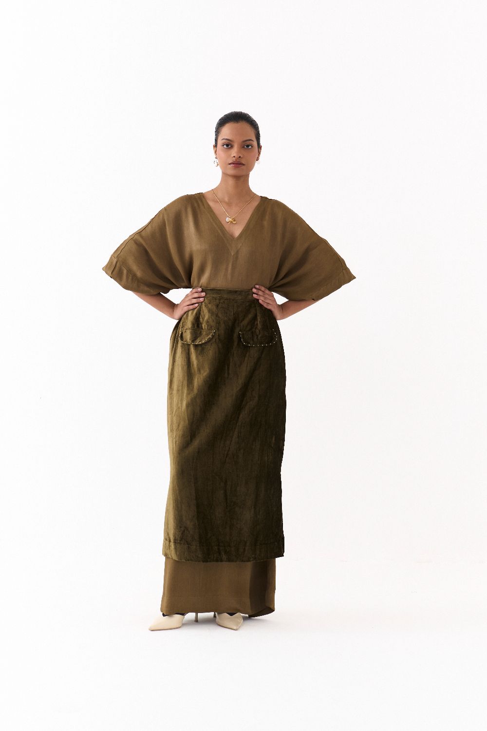 LONG KAFTAN CO-ORD (SET OF 2)-DARK OLIVE